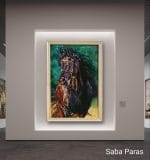 A vertical oil painting of a powerful dark Arabian horse with a flowing mane, beautifully framed and displayed inside a modern art gallery with soft backlighting.