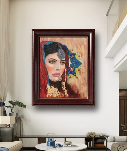 Soul of the Silk Road hand-painted oil portrait by Saba Paras framed on a luxury living room wall.