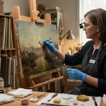 A professional art conservator wearing blue gloves and an apron meticulously cleaning an aged landscape oil painting with a fine brush in a sunlit, organized restoration studio.