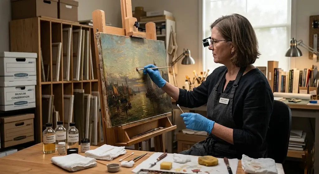 A professional art conservator wearing blue gloves and an apron meticulously cleaning an aged landscape oil painting with a fine brush in a sunlit, organized restoration studio.