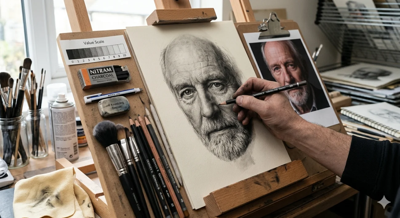 Artist creating a realistic charcoal portrait drawing on an easel using professional sketching tools and reference photo