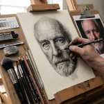 Artist creating a realistic charcoal portrait drawing on an easel using professional sketching tools and reference photo