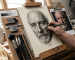 Artist creating a realistic charcoal portrait drawing on an easel using professional sketching tools and reference photo